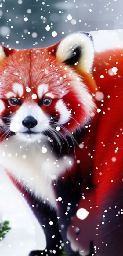 Red panda in snow, vibrant fur and snowy background.