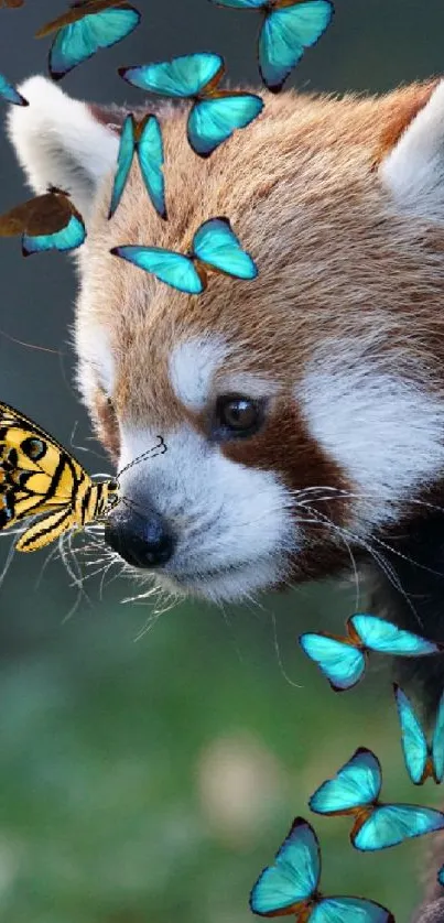 Red panda with turquoise butterflies in vibrant nature scene.