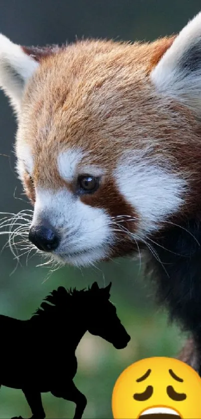 Red panda with horse and sad emoji on wallpaper.