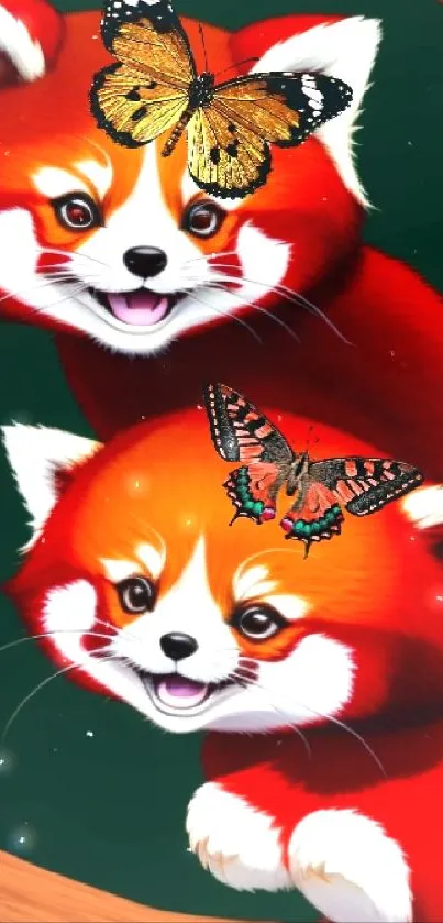 Red pandas with butterflies on branches in vibrant colors.