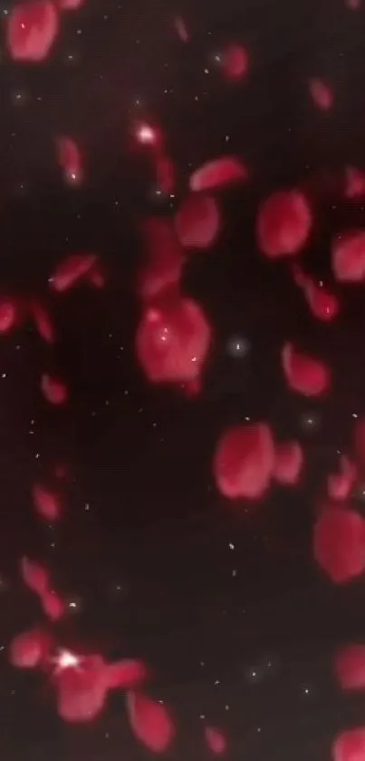 Red petals drift through a cosmic void on a dark, starry background.