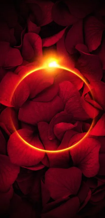 Red petals mobile wallpaper with a glowing fiery ring.