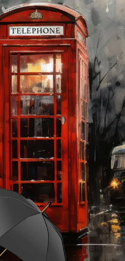 Red phone booth with umbrella in rainy city art.