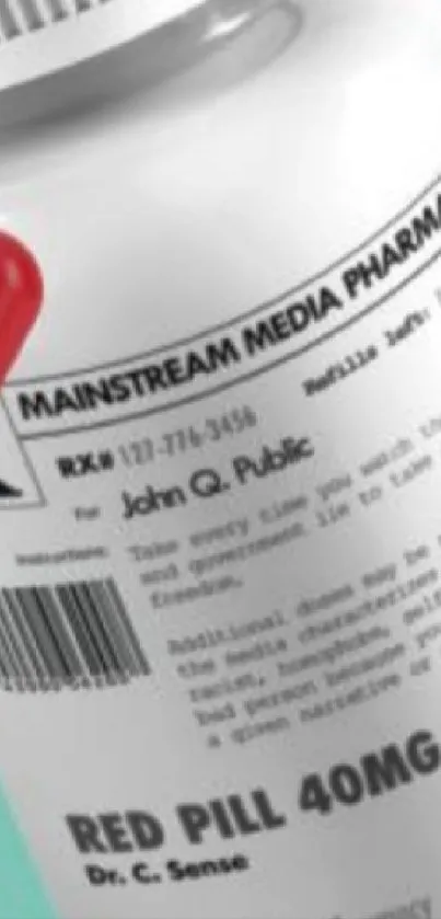 Image of a pill bottle labeled 'Mainstream Media Pharmacy' with red pills.