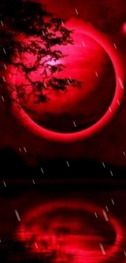 Red cosmic eclipse with reflections and rain effect on mobile wallpaper.