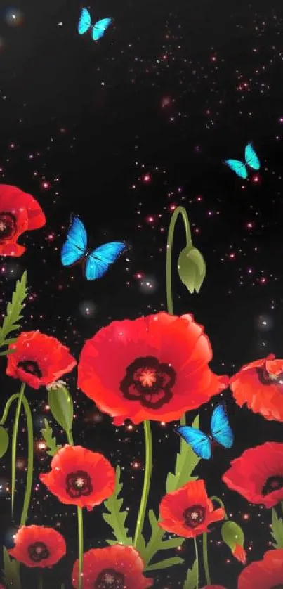 Vibrant wallpaper with red poppies and blue butterflies on a dark background.