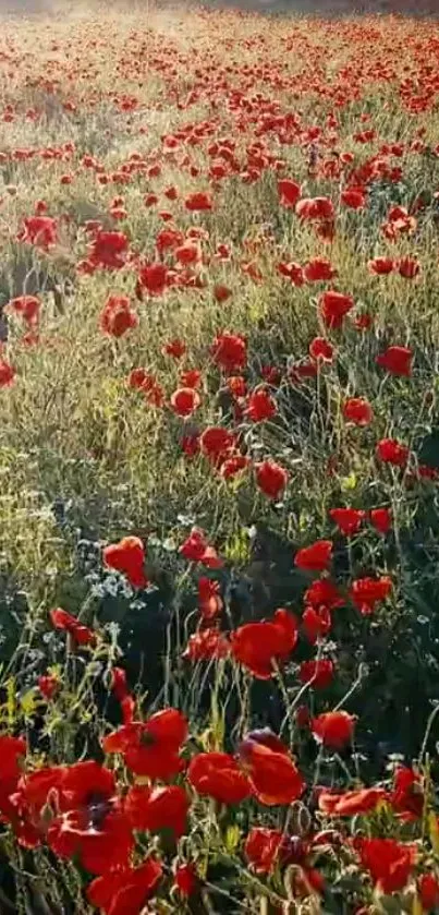 Red poppies blossom in a vast green field, creating a vibrant natural wallpaper.