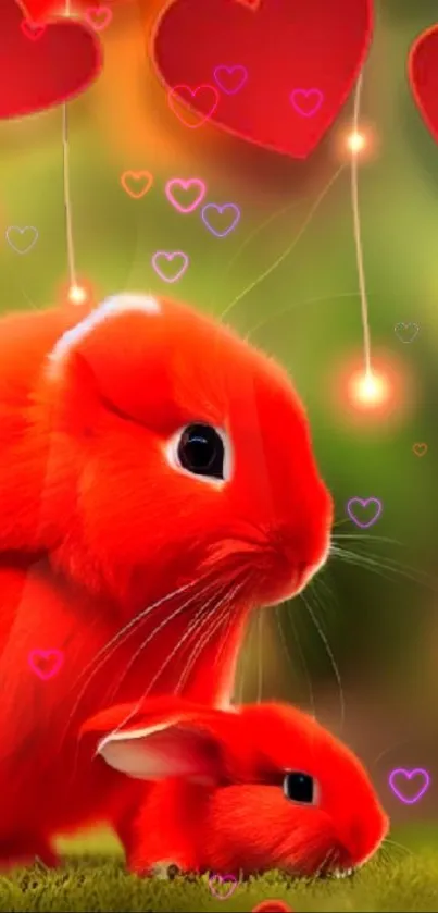 Cute red rabbits with hearts wallpaper for mobile.