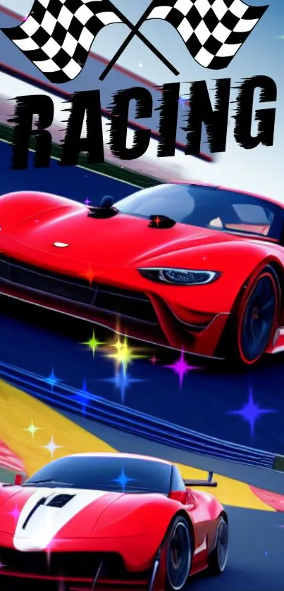 Red sports cars racing on vibrant track wallpaper.