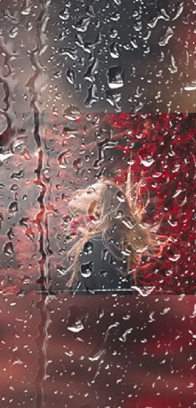 Woman with raindrops on a red background wallpaper.