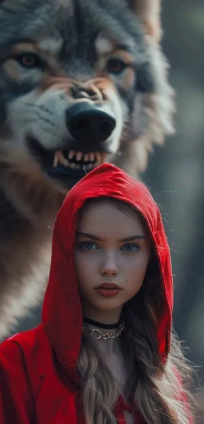 Red Riding Hood stands with a wolf in the forest, creating a mystical scene.