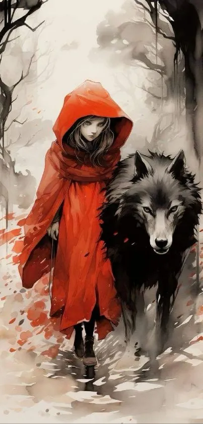 Vibrant Red Riding Hood with wolf in mystical forest art illustration.