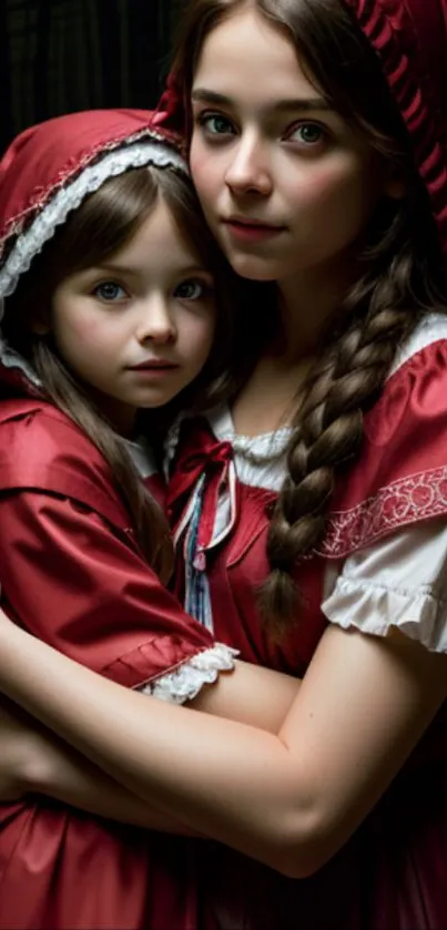 Sisters in red hoods embrace in a forest setting.