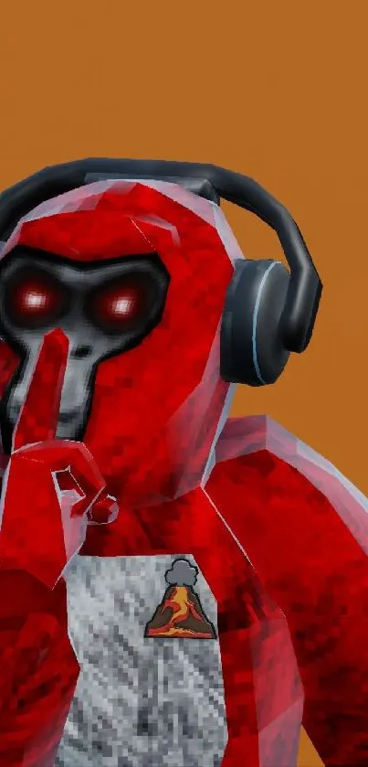 Red robot with headphones on orange background.