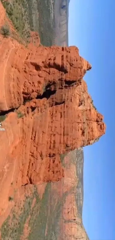 Panoramic view of red rock canyon under blue sky, showcasing desert landscape beauty.