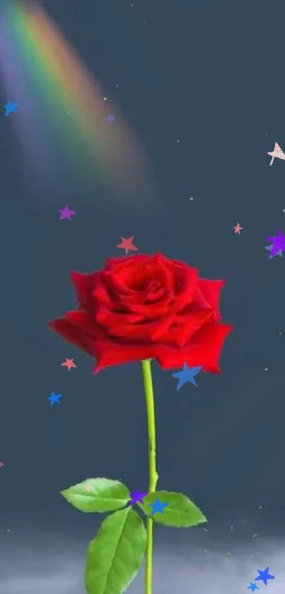 Red rose with rainbow and moon in night sky wallpaper.