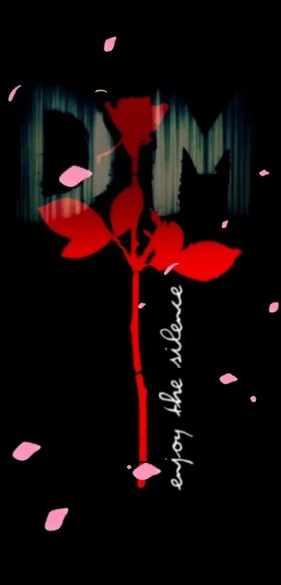 Abstract wallpaper with red rose and text 'enjoy the silence' on dark backdrop.