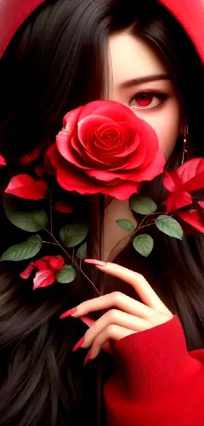 Elegant mobile wallpaper featuring a red rose and dark-haired girl.