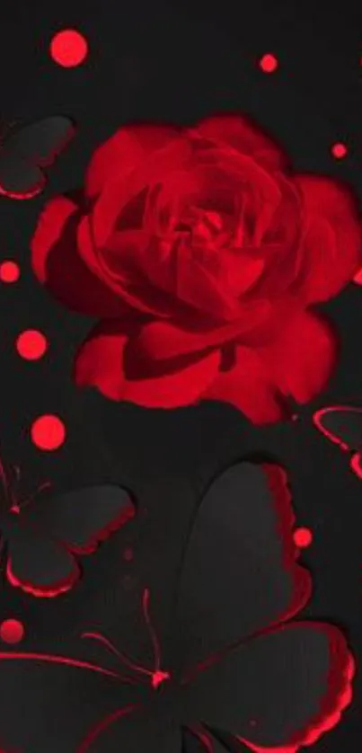 Red rose with black butterflies on a dark background.