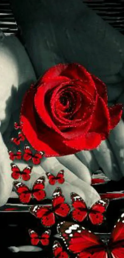 Hands holding a red rose with butterflies on a phone wallpaper.