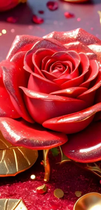 Close-up of a glistening red rose with golden leaves on a purple background.