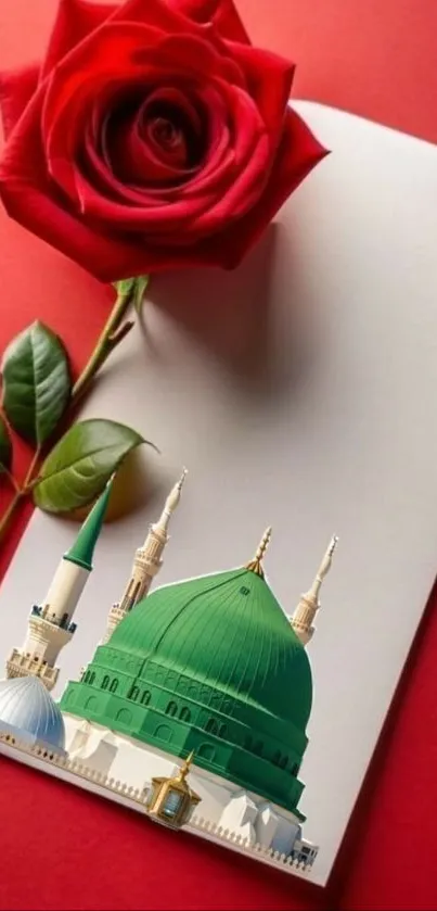 Wallpaper with red rose and mosque illustration on paper.