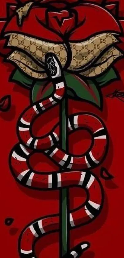 Red rose with snake in striking art design, perfect mobile wallpaper.