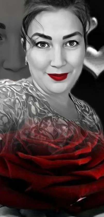 Artistic portrait with red rose and heart design.