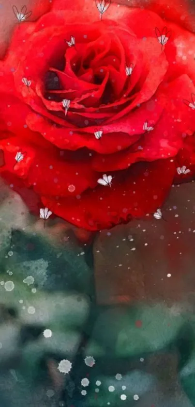 Red rose with butterflies on artistic mobile wallpaper.