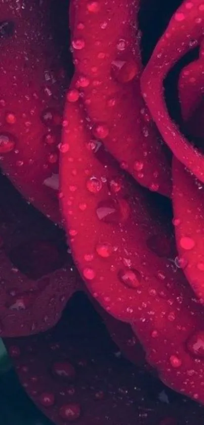 Red rose with dew-covered petals in close-up view.