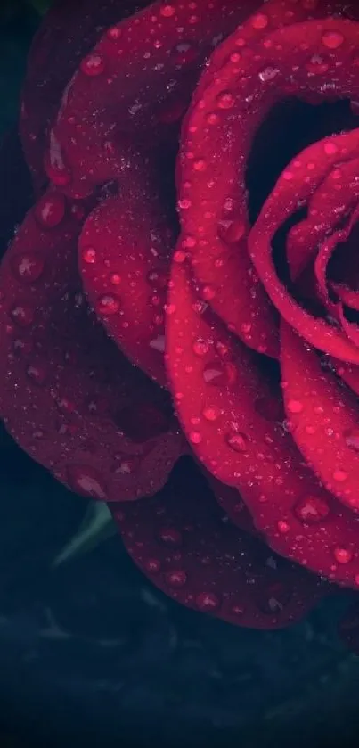 Mobile wallpaper of a red rose with dewdrops against a dark background.