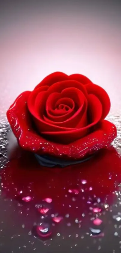 Vibrant red rose with water droplets, elegant and fresh mobile wallpaper.