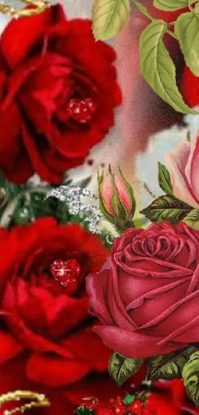 Mobile wallpaper with vibrant red roses and green leaves in a floral design.