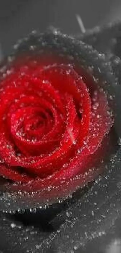 Close-up of a red rose with gray background on mobile wallpaper.