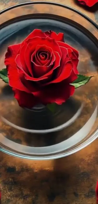 A beautiful red rose in a glass bowl on a wooden surface.