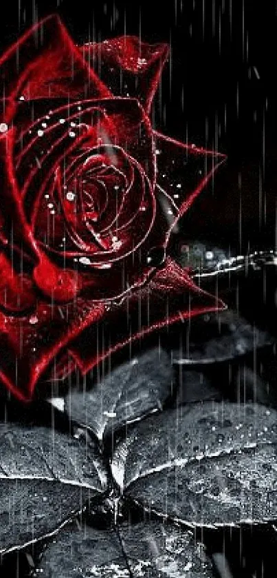 Glistening red rose with raindrops against dark, moody background.