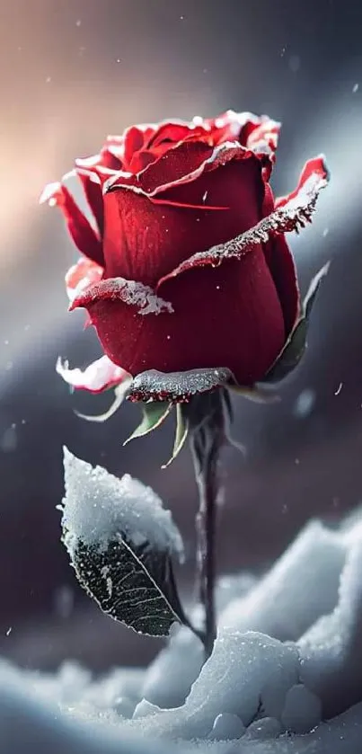 Red rose covered in snowflakes on a winter backdrop.