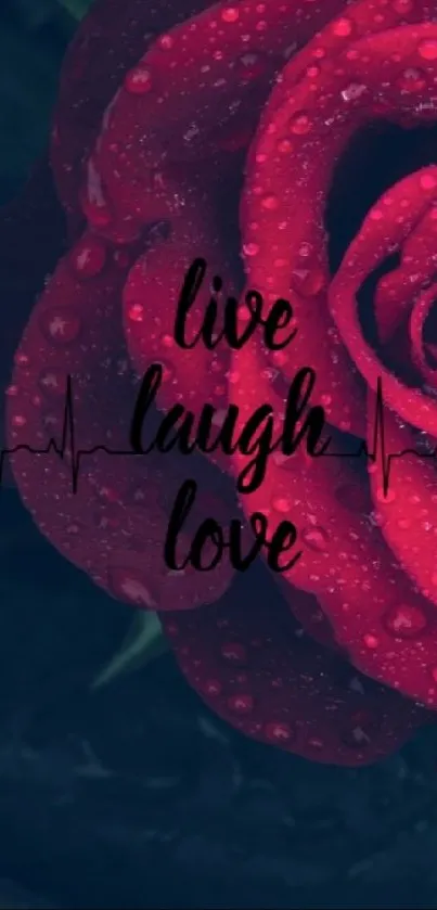 Red rose with 'Live, Laugh, Love' text on a dark background, perfect for phones.