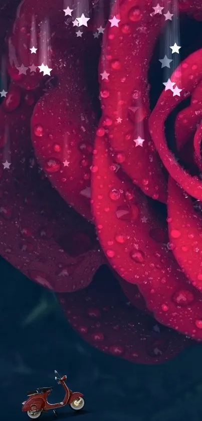 A vivid red rose with droplets and stars on a wallpaper background.