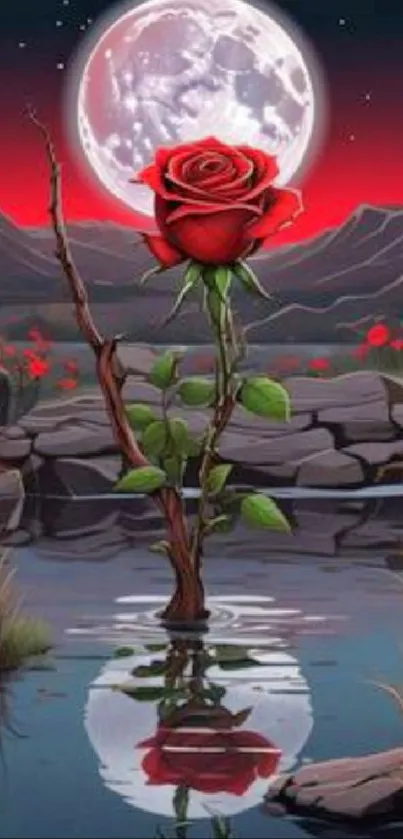 A red rose reflected in water under a full moon in a serene landscape.