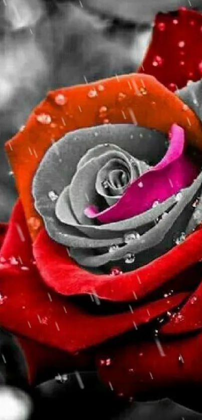 Red rose with dew on a monochrome background.