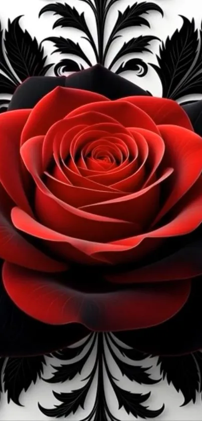 Red rose with black floral design wallpaper.