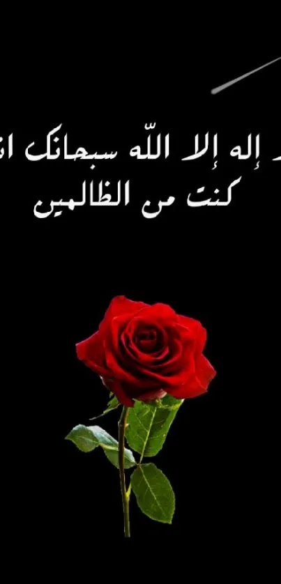 Red rose with Arabic text on black background.