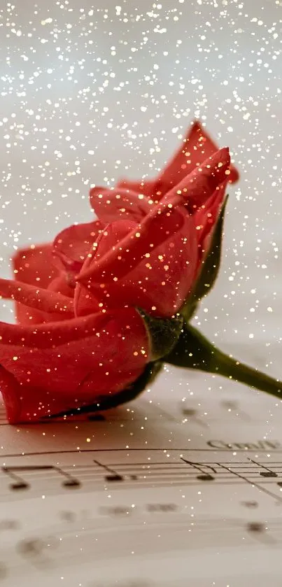 Red rose resting on musical sheet, creating an artistic and serene mobile wallpaper.