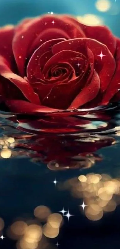 Red rose on water with golden reflections, perfect for mobile wallpaper.