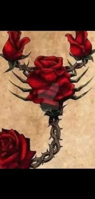 Red roses forming a scorpion on textured background.