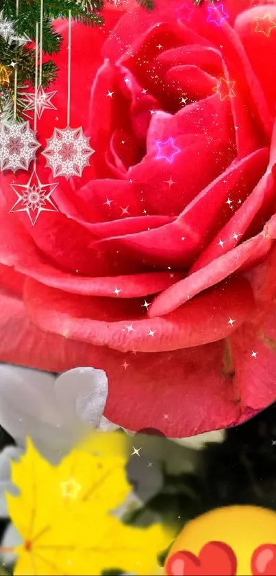 Red rose with snowflakes and stars in a vibrant mobile wallpaper.