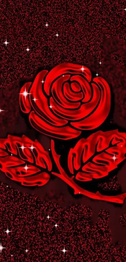 Vibrant red rose wallpaper with sparkling details for mobile phone.