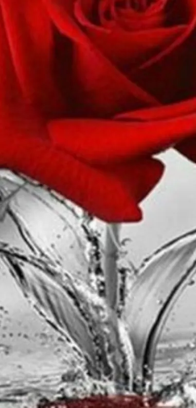 Stunning red rose with splash effect, vibrant petals, and water droplets.