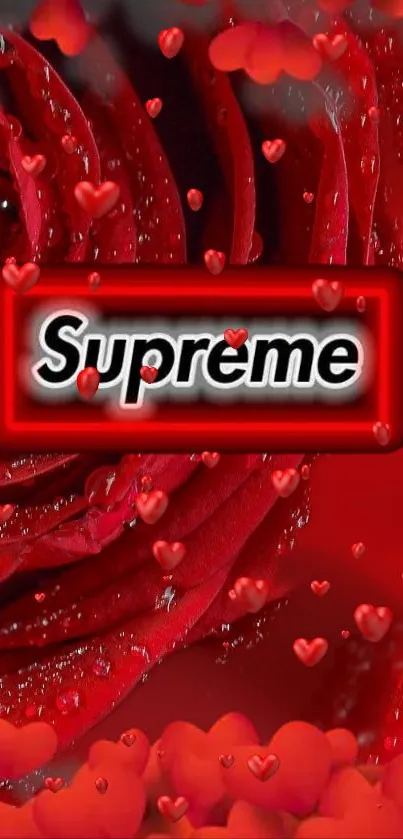 Red rose with Supreme logo and heart accents on wallpaper.